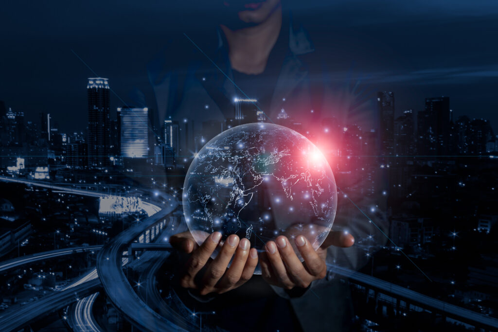 Businessman holding in hands with 3D graphic model of globe for